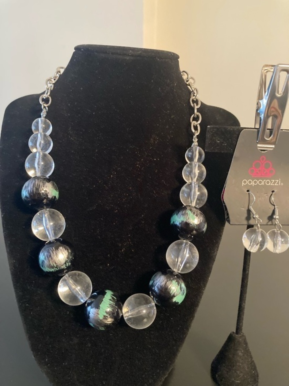 paparazzi Black, Clear and Teal Beaded Statement Necklace with Matching Earrings